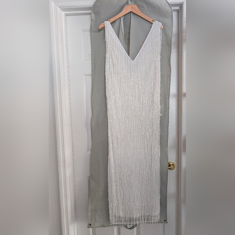 ASOS DESIGN Beaded Fringe Plunge Sleeveless Bridal Dress
